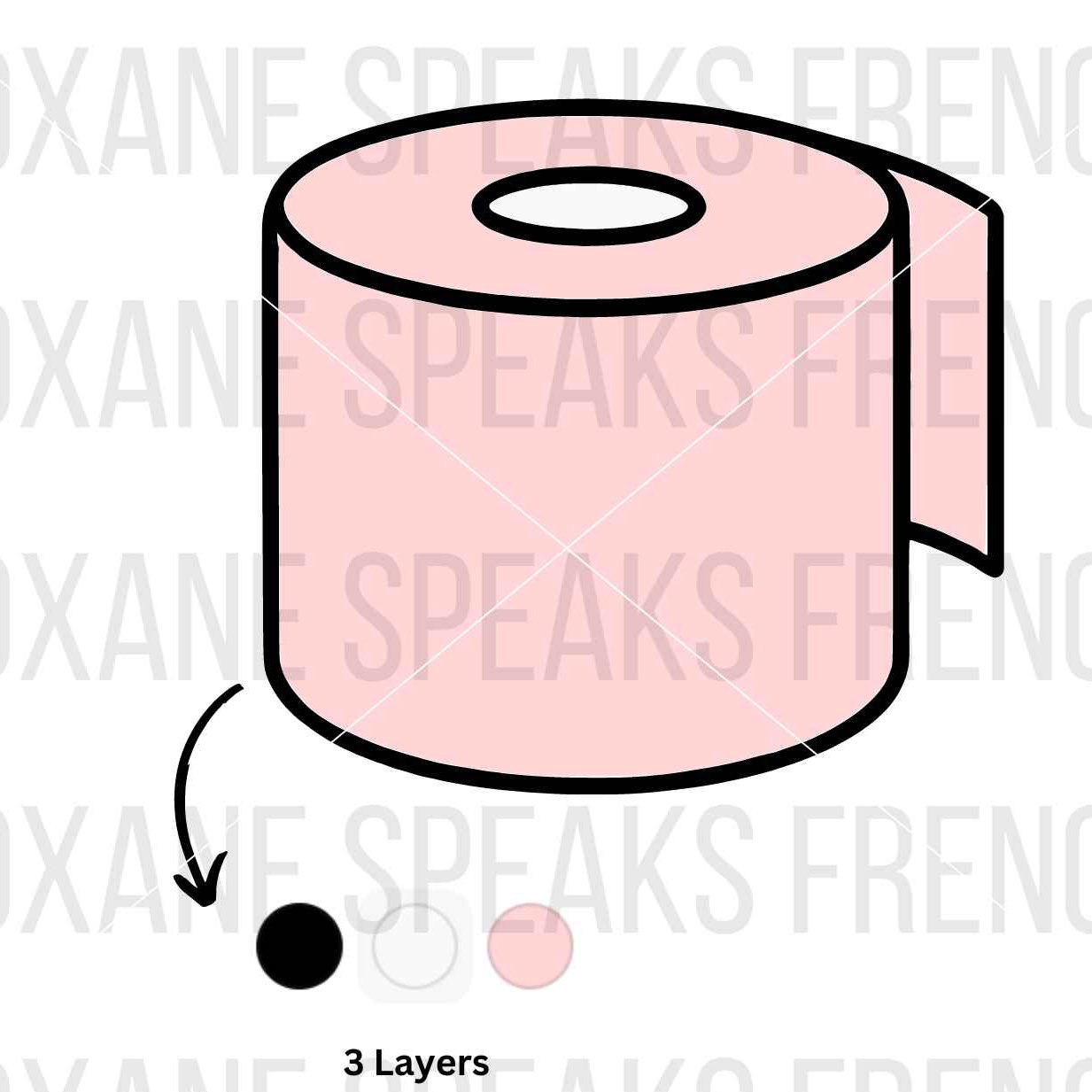 A pink toilet paper roll SVG design with three layers, shown in a clean and minimalistic style. The image displays the roll with a black outline and two shades of pink to illustrate the different layers. 