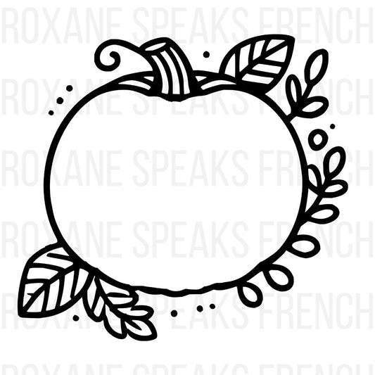 A simple pumpkin coloring page with bold, thick outlines. The pumpkin is surrounded by minimalistic leaves and small decorative elements, designed with open spaces for easy coloring. Perfect for children and fall-themed activities