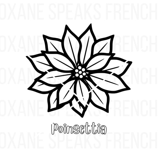 Poinsettia coloring page with a bold outline of a Christmas flower, perfect for holiday-themed coloring activities and crafts.