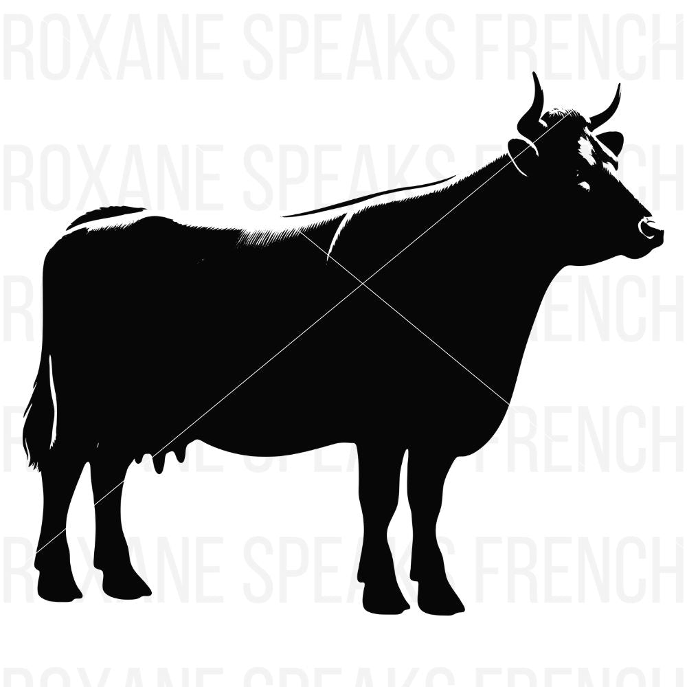 Realistic and minimalist black silhouette of a cow, featuring clean lines and subtle details, ideal for decals, crafts, and Cricut projects