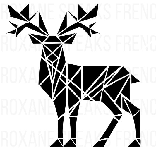 Black geometric reindeer silhouette SVG design, ideal for modern Christmas decor and holiday crafting.