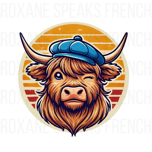 Retro-style Highland cow illustration with a blue beret and a winking expression, set against a warm, vintage sunset background.