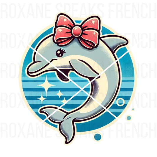 Retro-inspired dolphin clipart featuring a cute dolphin with a pink bow, set against a blue striped circle with sparkles, perfect for t-shirt designs and beach-themed project