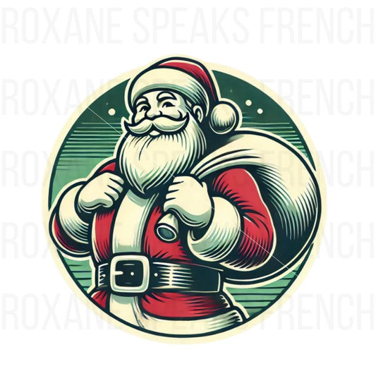 This vintage-inspired Santa clipart captures the classic holiday spirit with a jolly Santa carrying his sack of gifts, illustrated in a retro style. Perfect for sublimation on holiday shirts, mugs, and Christmas-themed decor, this design brings a nostalgic, festive touch to any project. The bold lines, warm color palette, and timeless charm make it ideal for holiday merchandise and custom apparel.