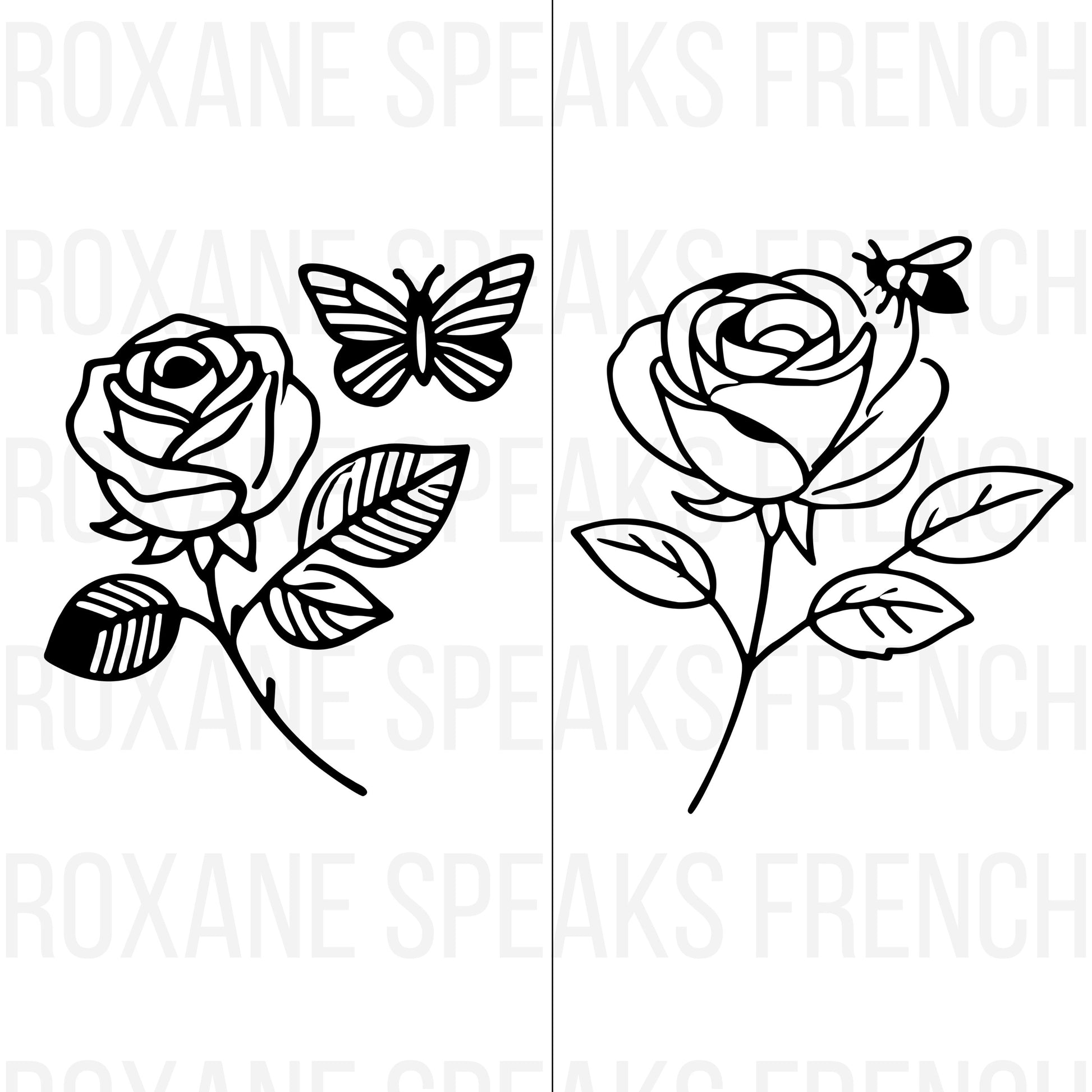 A bundle of two minimalist black outline designs featuring roses, each accompanied by an insect. 