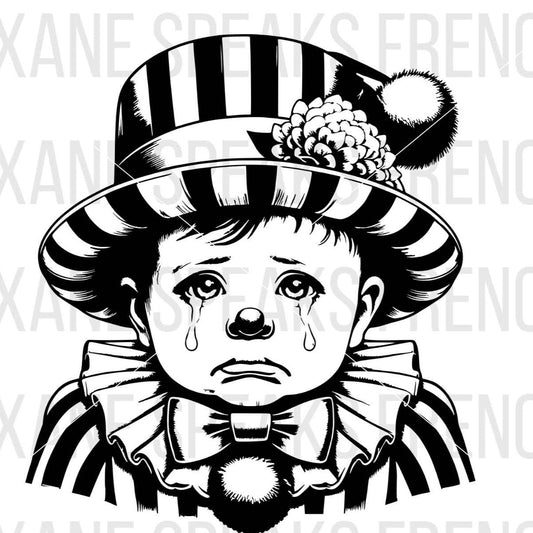 detailed sad black and white clown face