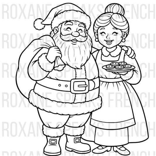 Santa and Mrs. Claus coloring page featuring Santa Claus and Mrs. Claus together with holiday clothing, festive expressions, and Christmas couple scene - printable line art