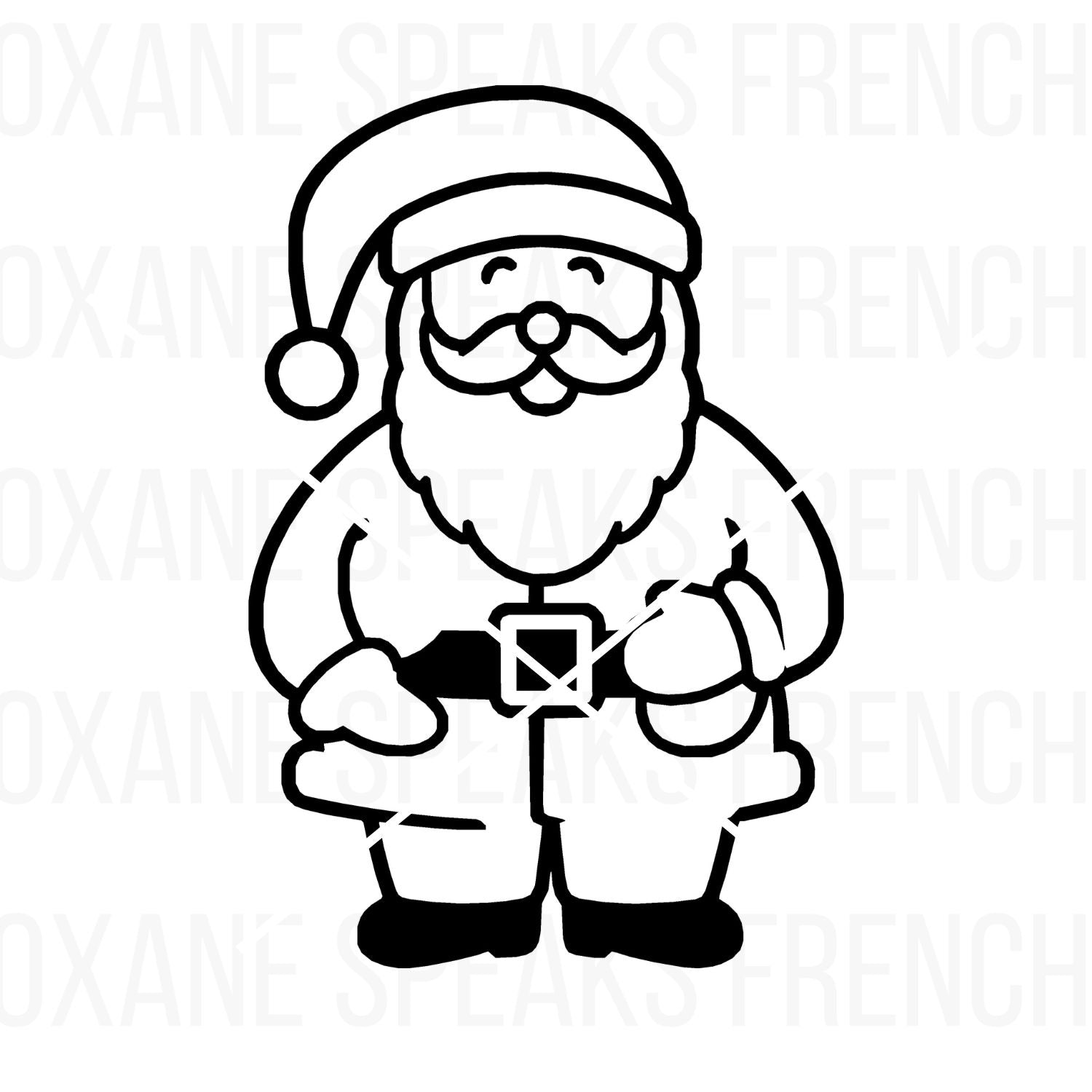 Adorable Santa Claus outline clipart featuring a cheerful Santa with a traditional hat, beard, and belt, perfect for holiday crafts and decorations