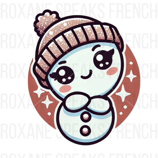 A cute sassy kawaii snowman wearing a knitted beanie, surrounded by sparkles, perfect for sublimation and holiday-themed crafts.