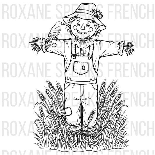 Friendly scarecrow coloring page with straw hat, overalls, bird friend, and wheat field - printable autumn harvest design for all ages