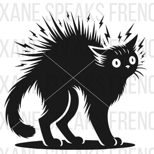 A striking black and white illustration of a scared cat with its back arched and fur standing on end, giving a spooky and electrifying look. The cat has wide, expressive eyes and a tense posture, perfect for Halloween-themed projects. The image is available in both SVG and PNG formats.