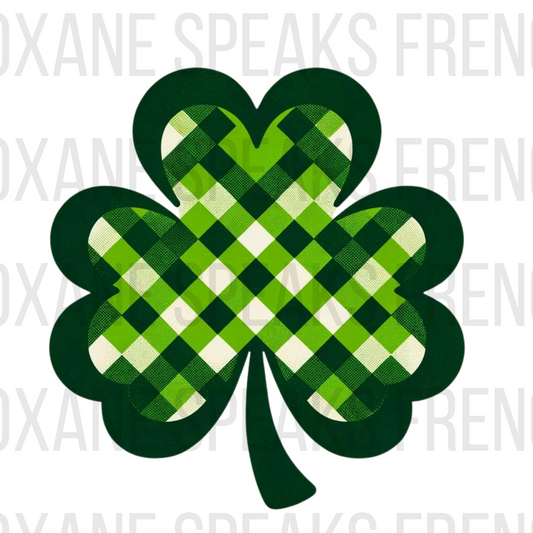 Illustration of a green shamrock with a green and white buffalo plaid pattern. The shamrock has a dark green outline and is set against a white background, creating a vibrant and festive look ideal for St. Patrick's Day themes.