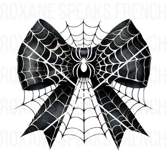 Black and white silk bow clipart with spider web pattern and central spider detail, perfect for Halloween and gothic-themed crafts and decor