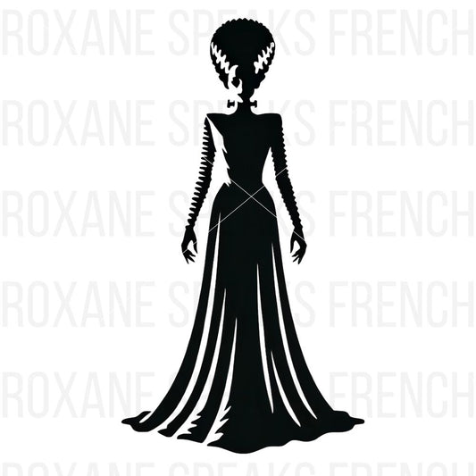 Elegant black silhouette of the Bride of Frankenstein in a flowing gown, perfect for Halloween wedding-themed DIY crafts, invitations, and decorations