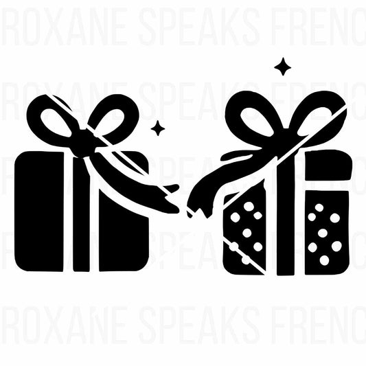 Bundle of two black and white gift box silhouettes with bows, perfect for holiday crafts, scrapbooking, and festive decorations