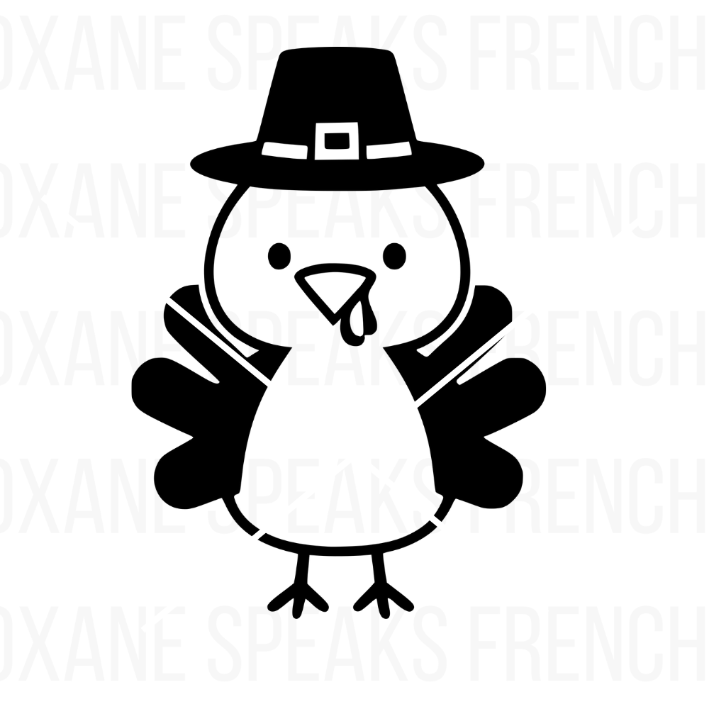 Cute Thanksgiving turkey wearing a pilgrim hat in a simple outline style. Perfect for holiday crafts, DIY decorations, and Thanksgiving-themed projects.