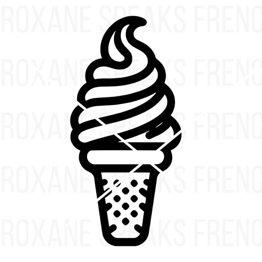 Simple outline of a soft-serve ice cream cone with a swirl on top and waffle cone pattern, perfect for DIY crafts, kids’ summer party decor, and digital projects.