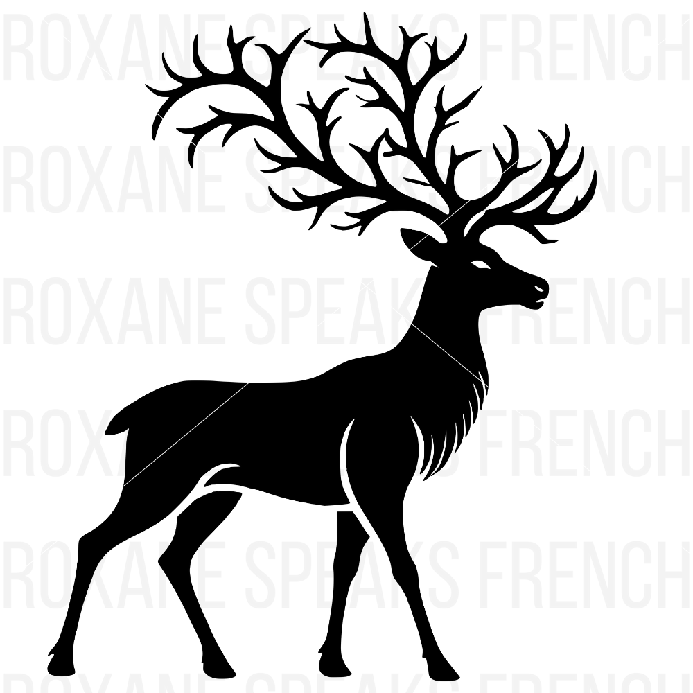 A stunning black silhouette of a majestic reindeer standing gracefully with intricate antlers spreading widely.