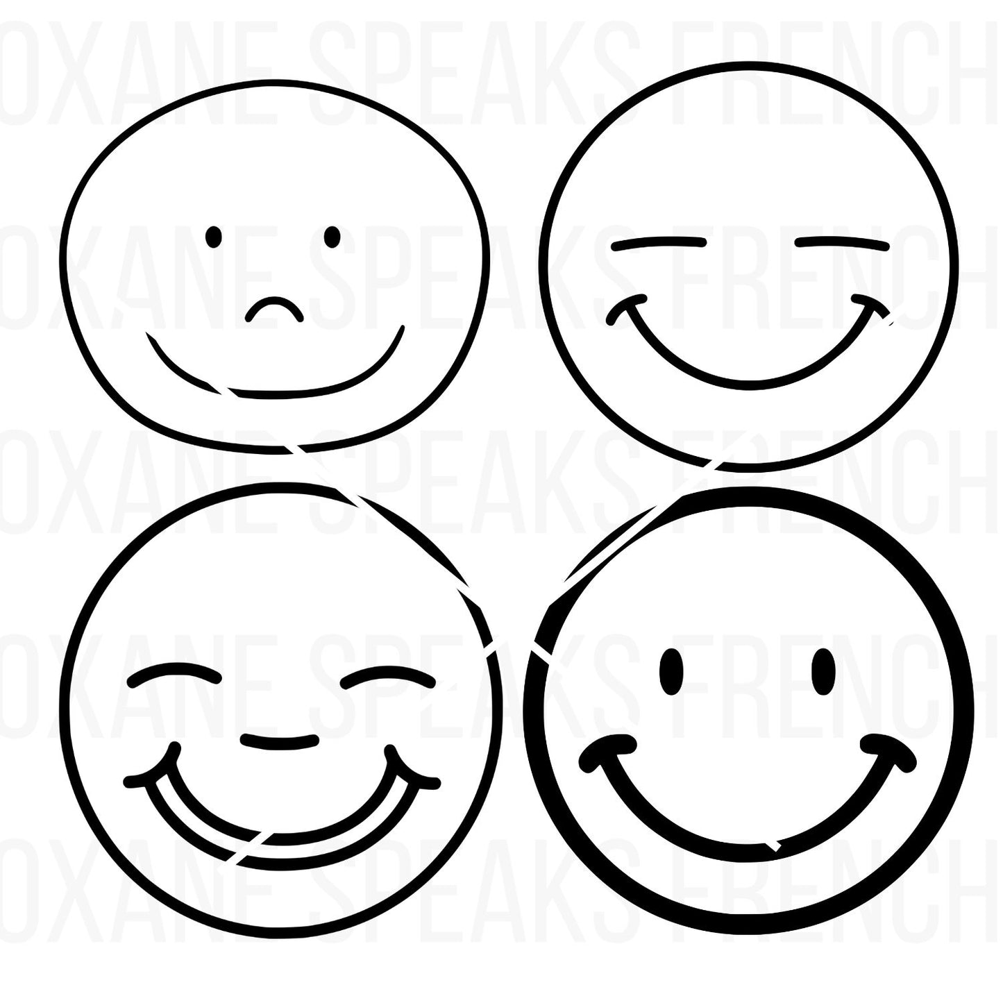 Smiley Face SVG PNG Bundle featuring four unique happy face designs with various expressions, ideal for crafting, print-on-demand, and digital projects.