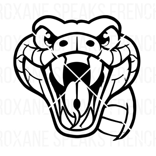 Black and white clipart of an open-mouthed snake head with detailed scales and fangs, designed in a bold outline style suitable for SVG and clipart use