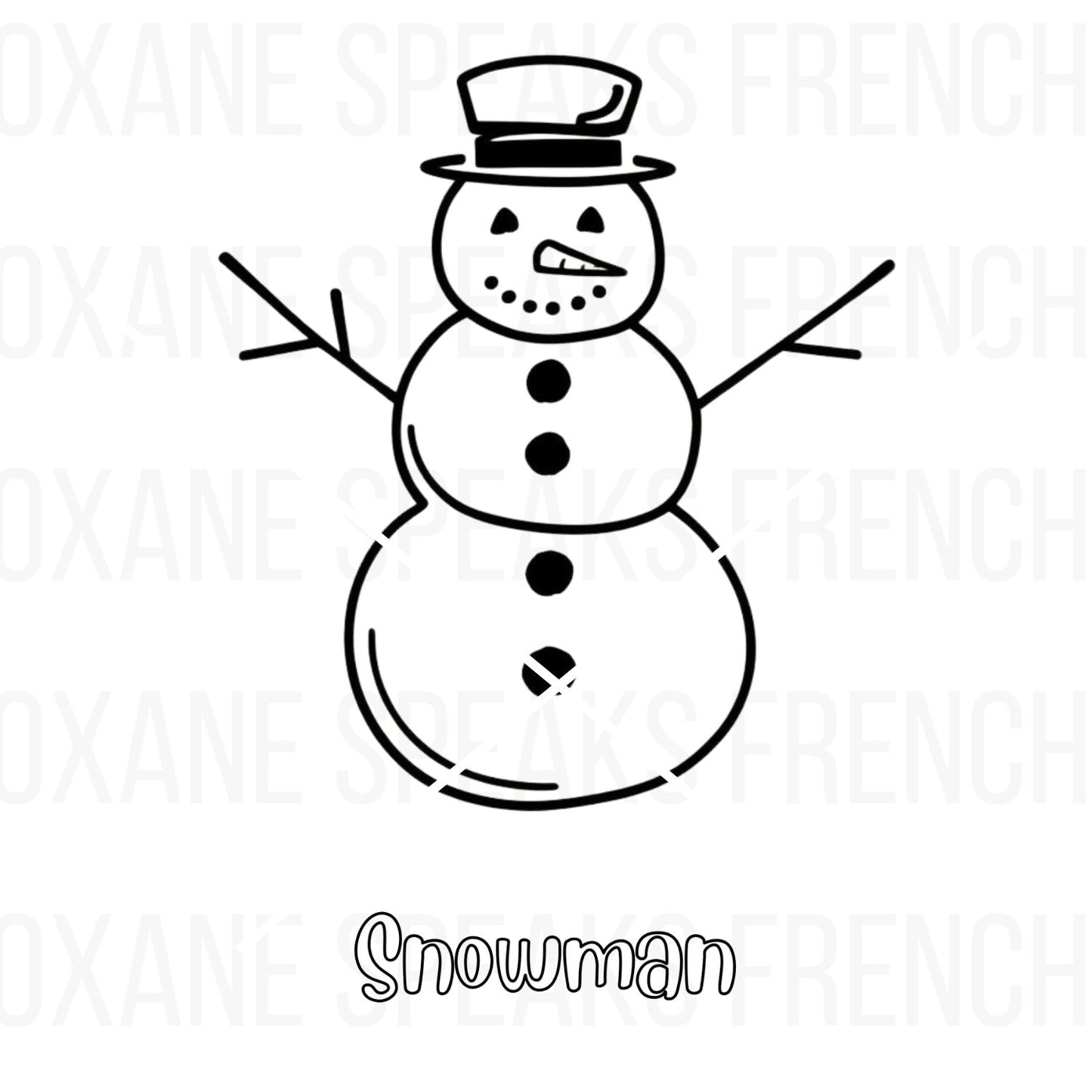 Snowman coloring page featuring a cheerful snowman with a top hat, stick arms, and a smiling face, perfect for kids’ holiday coloring and festive crafts.