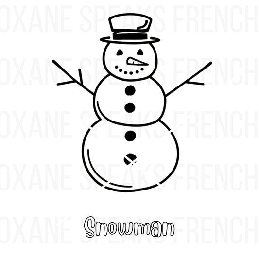 Snowman coloring page featuring a cheerful snowman with a top hat, stick arms, and a smiling face, perfect for kids’ holiday coloring and festive crafts.