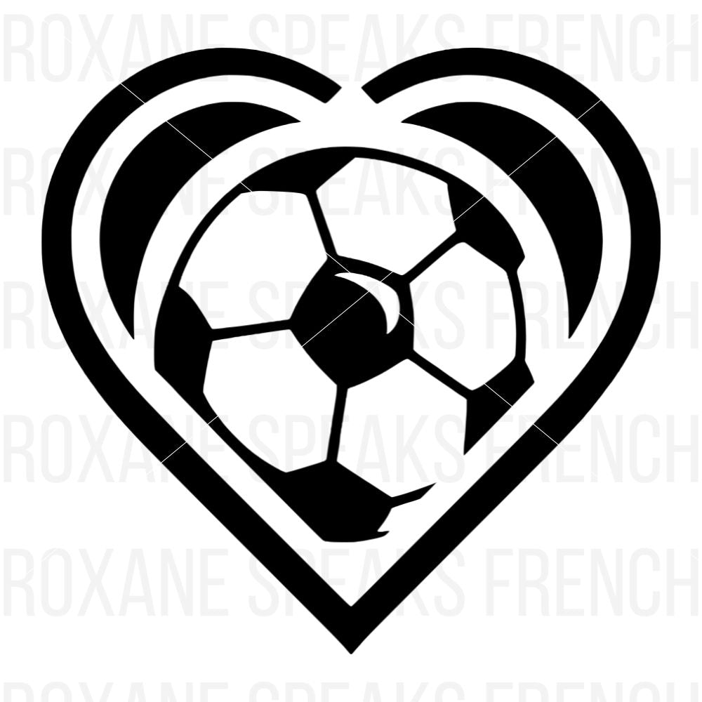 A black silhouette design of a heart featuring a soccer ball pattern within it. The geometric hexagonal shapes of the soccer ball seamlessly blend into the outline of the heart, creating a simple yet impactful design