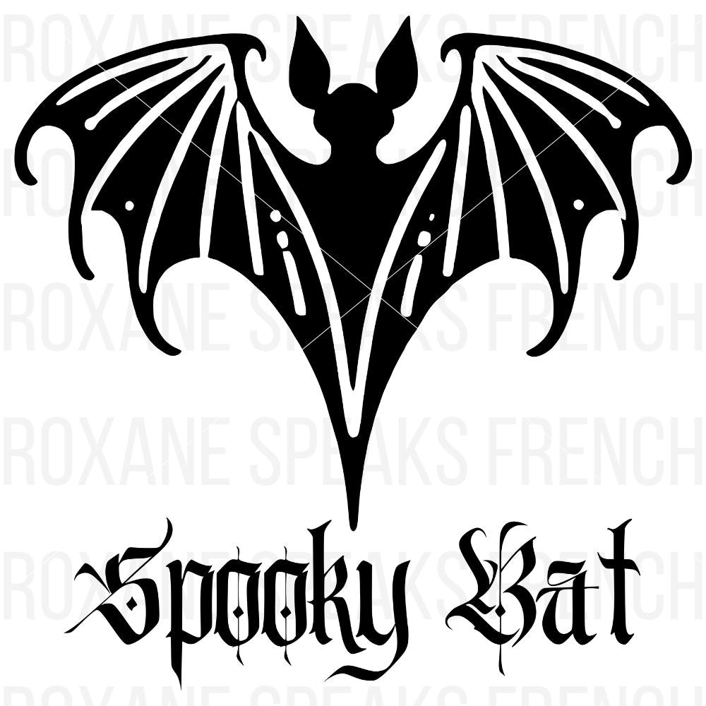 A gothic black silhouette of a bat with intricate details above the text "spooky bat," perfect for Halloween-themed crafts.