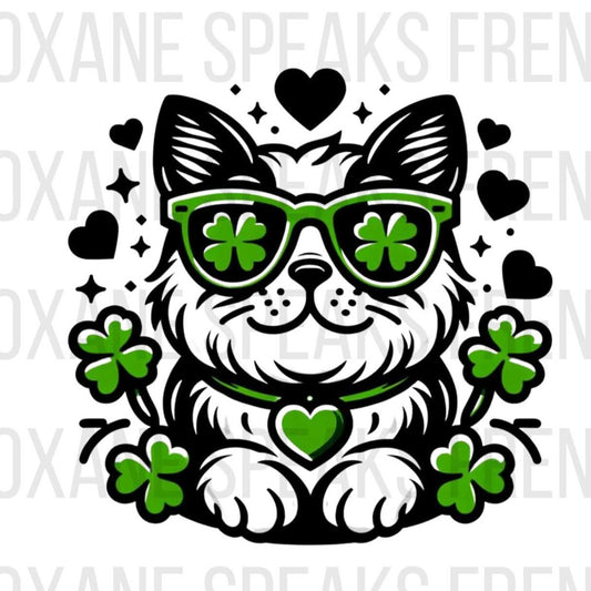 A cute cartoon cat wearing green clover-shaped sunglasses and a green heart-shaped collar, surrounded by green clovers and black hearts. The image has a playful and festive vibe, perfect for St. Patrick's Day celebrations.