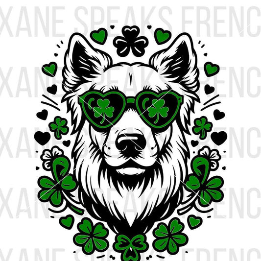 Illustration of a dog wearing shamrock-shaped sunglasses surrounded by clovers and hearts, available in SVG and PNG formats