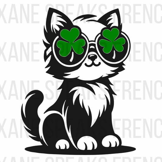 A cute cartoon cat wearing shamrock-shaped sunglasses, perfect for St. Patrick's Day-themed crafts and projects, on a white background.