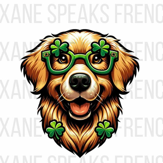 A vibrant St. Patrick's Day-themed illustration featuring a smiling dog's face with green glasses and shamrocks, suitable for festive apparel or decorations.