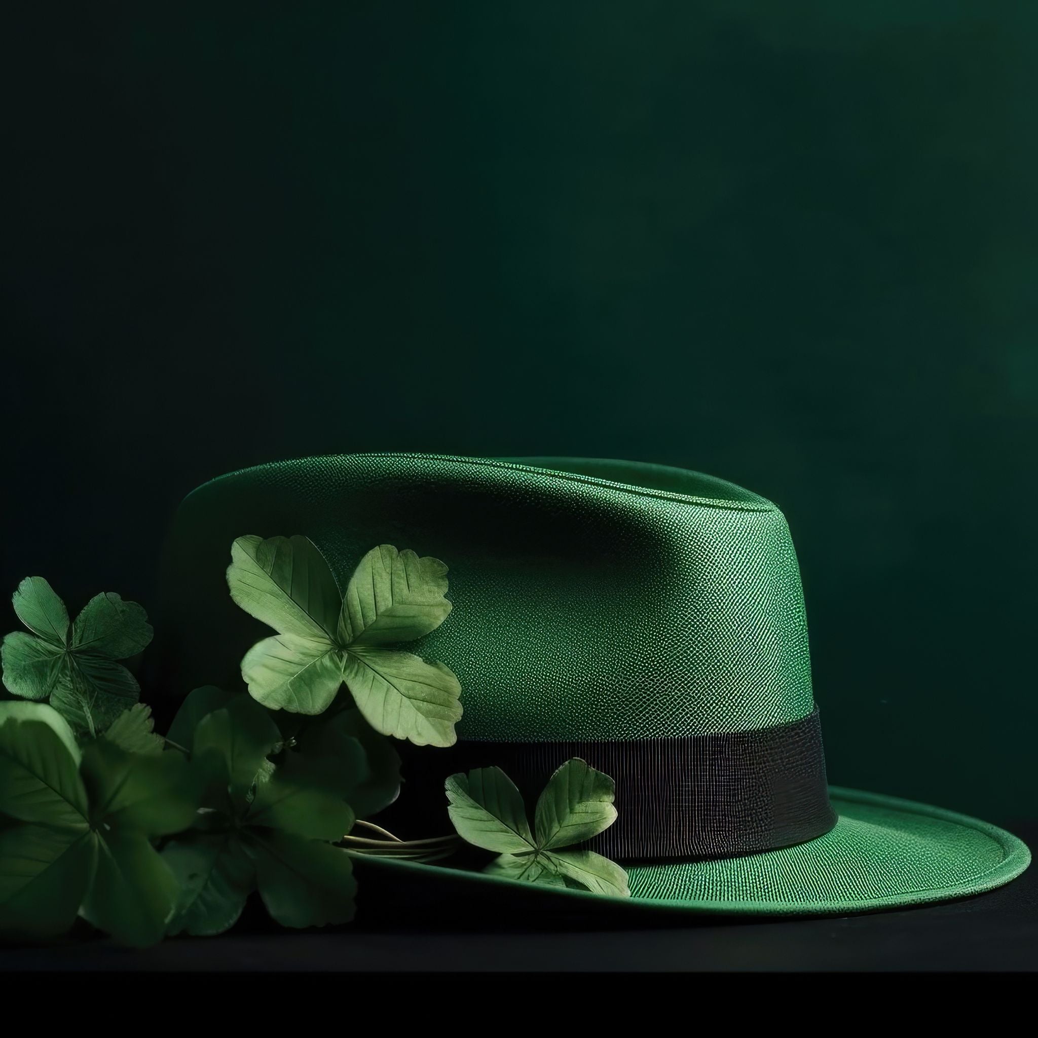 The image displays a classic green felt hat, possibly a fedora or trilby, with a black band around it, evoking a festive vibe for St. Patrick's Day. 