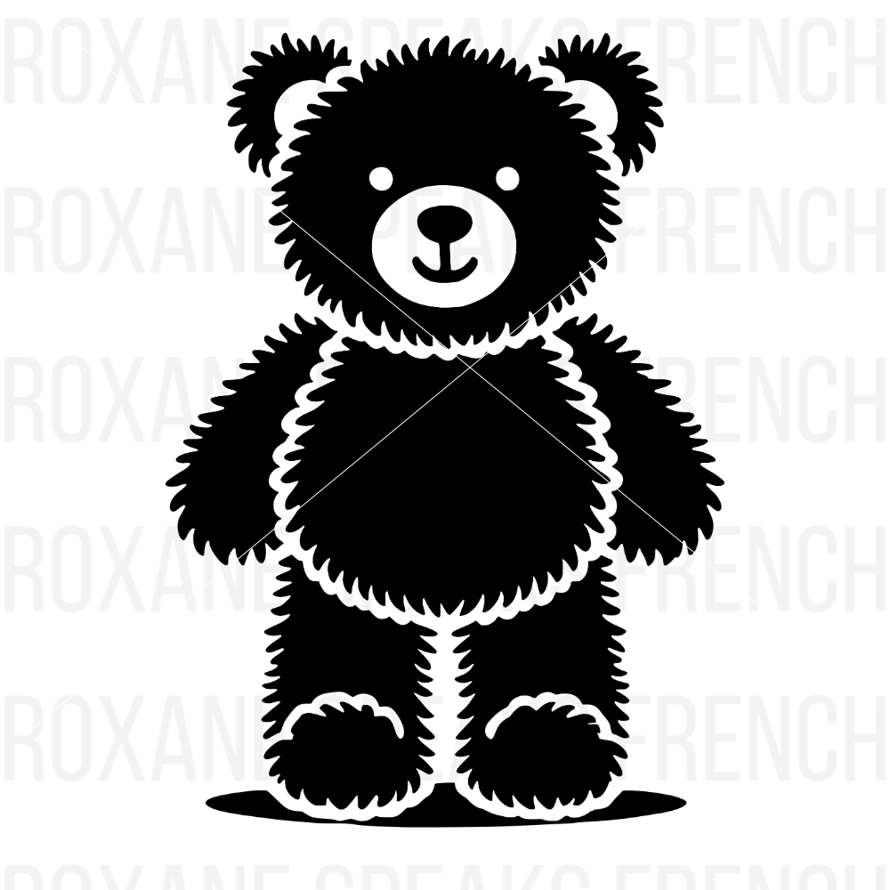 A cute black silhouette of a standing teddy bear with a fluffy texture, featuring a smiling face and rounded ears.