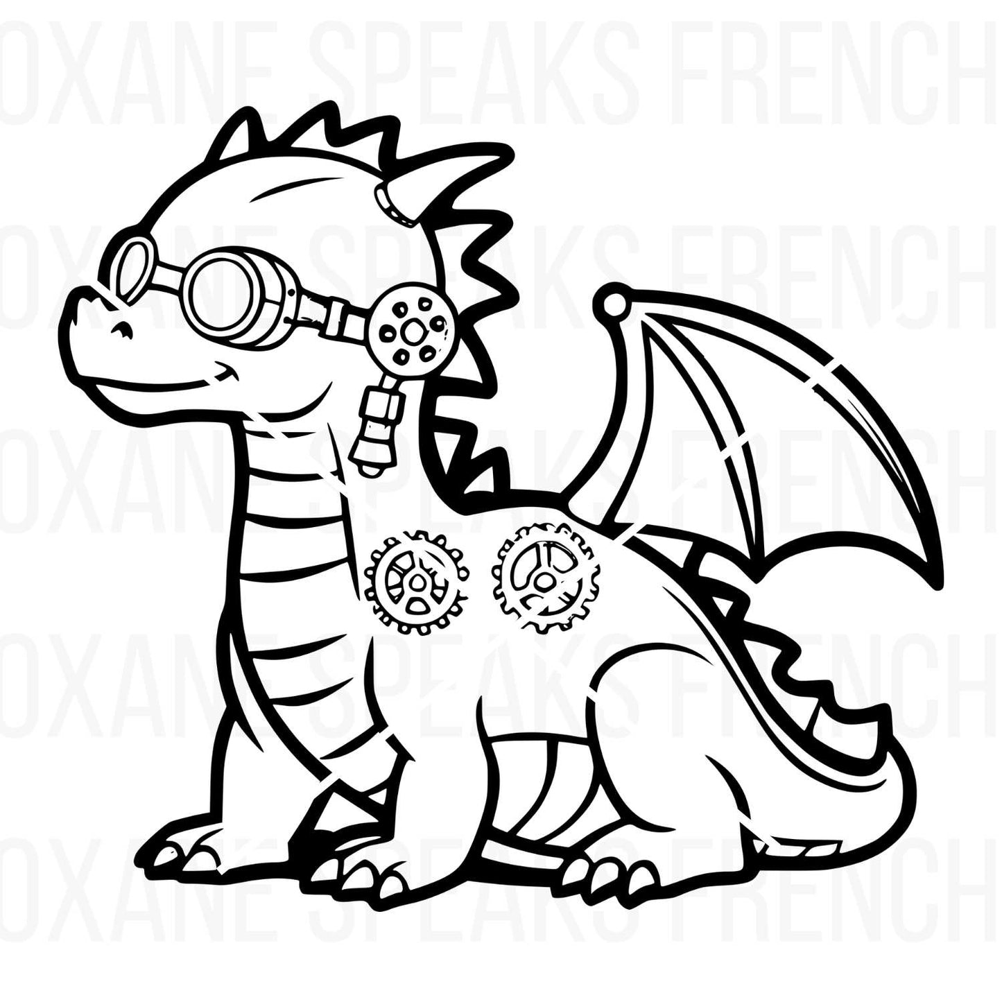 Steampunk baby dragon illustration featuring detailed gears, goggles, and wings, designed in a clean black outline. Perfect for crafting, coloring, and DIY projects