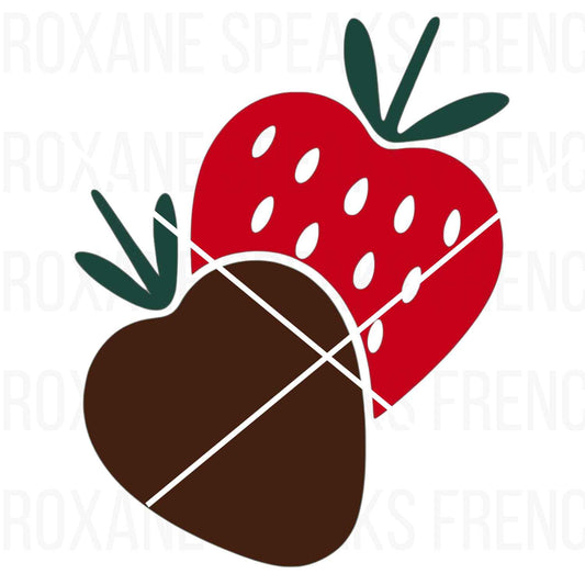 Illustration of a red strawberry and a chocolate-dipped strawberry, perfect for Valentine’s Day and sweet-themed designs.