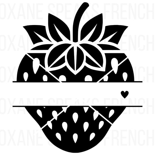 Bold black silhouette of a strawberry with a customizable split section for monograms and a heart detail, ideal for crafting, DIY projects, and personalized designs