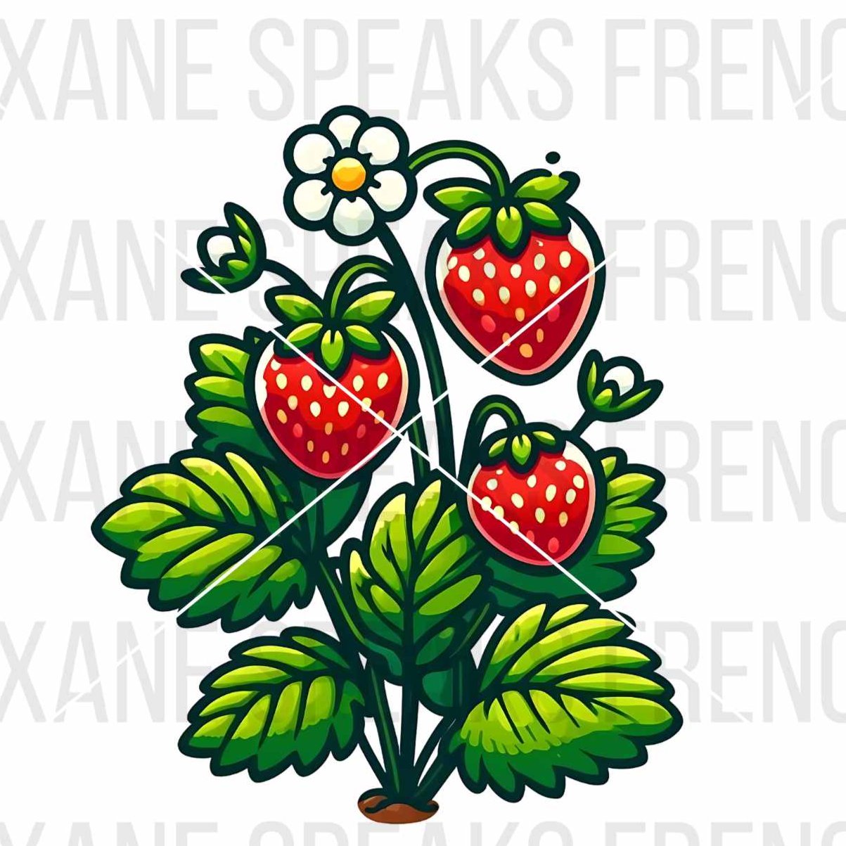 A vibrant and detailed vector-style illustration of a strawberry plant with lush green leaves, ripe red strawberries, and delicate white flowers, perfect for various DIY projects.