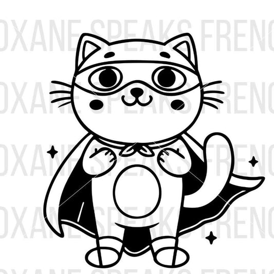 Cute superhero cat SVG and PNG with mask and cape, perfect for crafting, stickers, and children's projects.