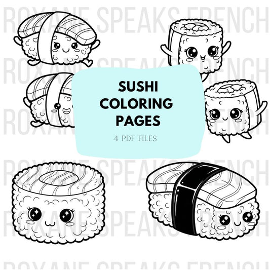 Sushi coloring pages bundle featuring four cute kawaii sushi roll characters with different expressions, styles, and wrapping designs - printable food character collection