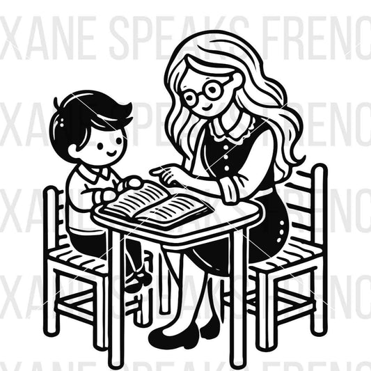 A black and white illustration of a female teacher sitting at a table with a young child, teaching them how to read. The teacher and child are both smiling and engaged in the activity. The design features bold outlines and is available in SVG and PNG formats.