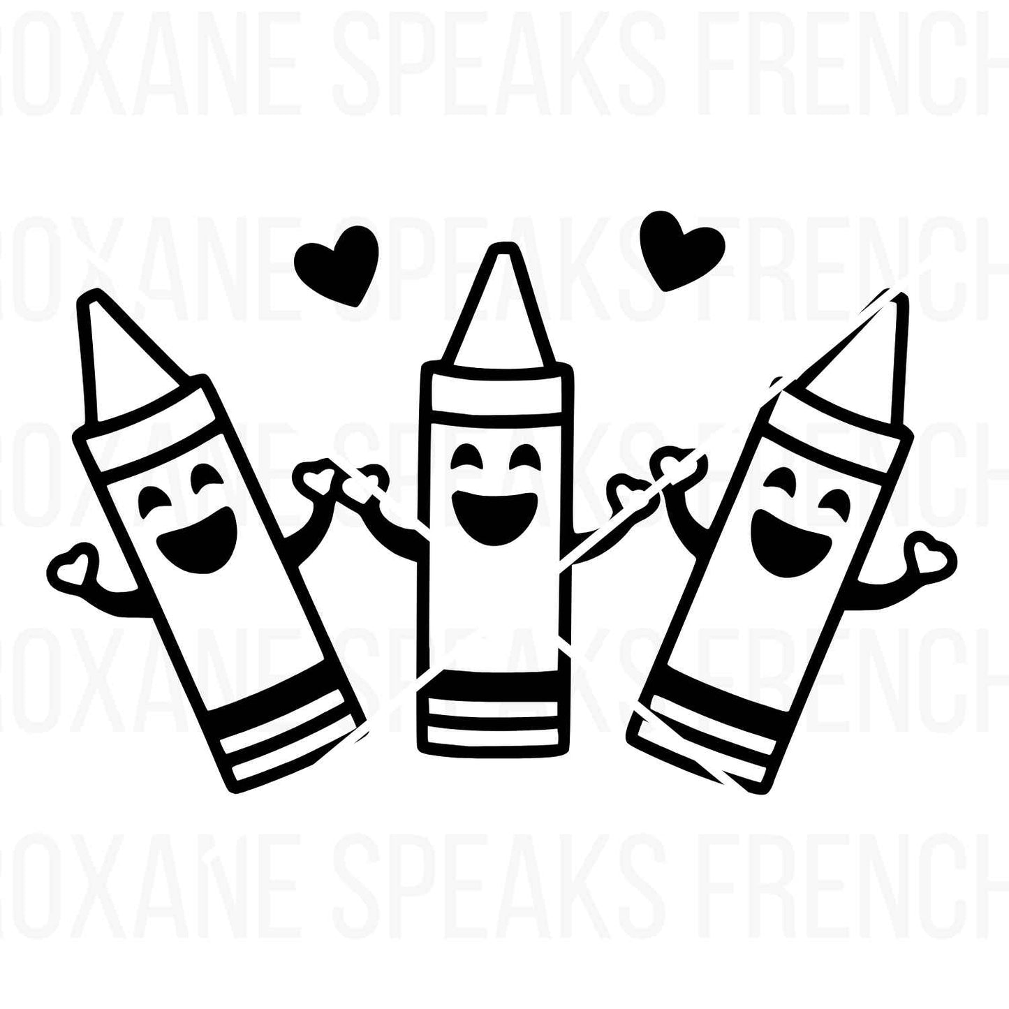 Three happy crayons holding hands with heart accents, outlined in a cute and playful style. Perfect for classroom decor, kids’ crafts, and school-themed DIY projects.