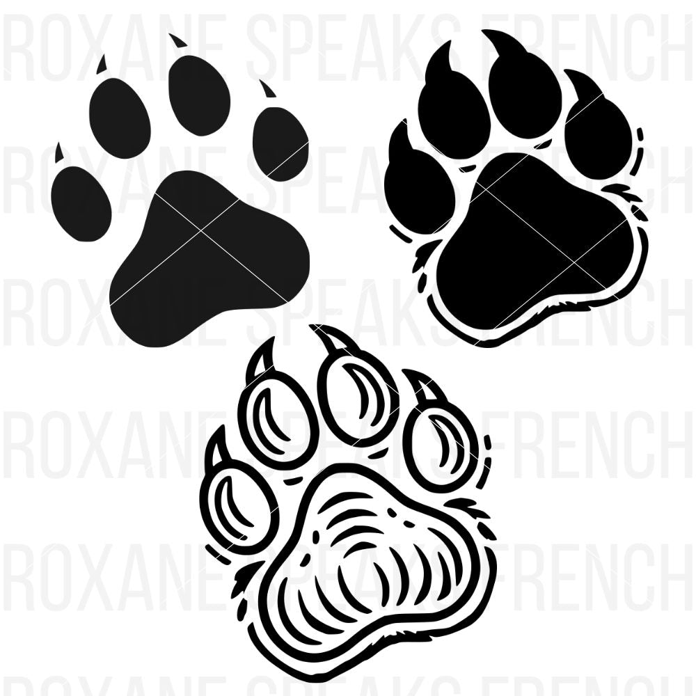 Three different tiger paw designs in silhouette and outline styles, including a simple silhouette, a detailed clawed outline, and a paw print with fur texture, ideal for crafting and DIY projects