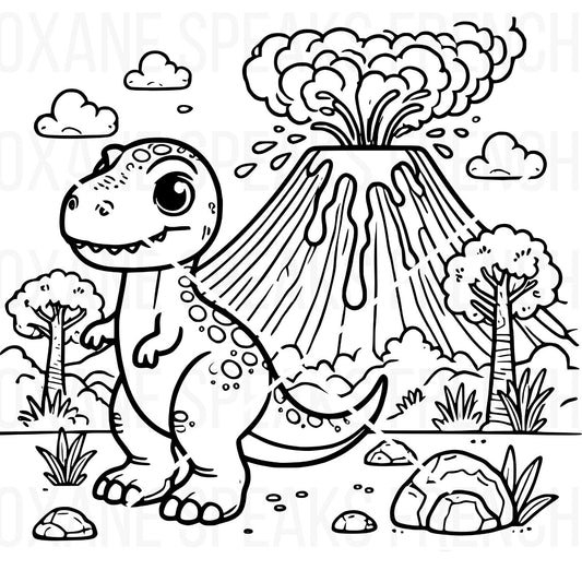 A cute T-Rex dinosaur standing beside an erupting volcano, surrounded by trees, rocks, and clouds. Perfect SVG PNG clipart for DIY crafts, kids’ projects, and Jurassic-themed designs.