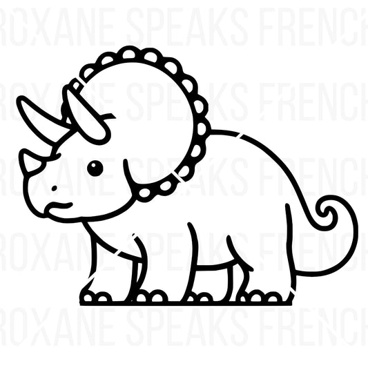 Black and white outline of a friendly Triceratops with detailed frill, three horns, and a curled tail. The design is simple, clean, and perfect for crafting projects, educational activities, or DIY decorations.