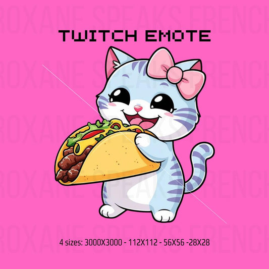 Adorable kawaii-style Twitch emote featuring a cute cat happily eating a taco, complete with a pink bow. Ideal for adding a playful, food-loving vibe to Twitch channels and social media!