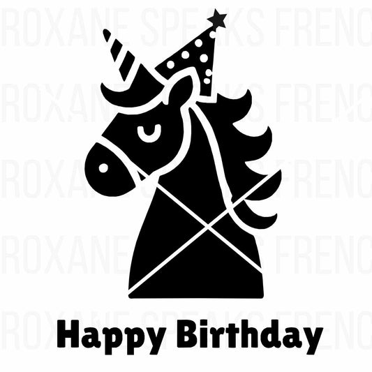 Black and white silhouette of a unicorn with a party hat and 'Happy Birthday' text, perfect for birthday-themed crafts and kids' party decor