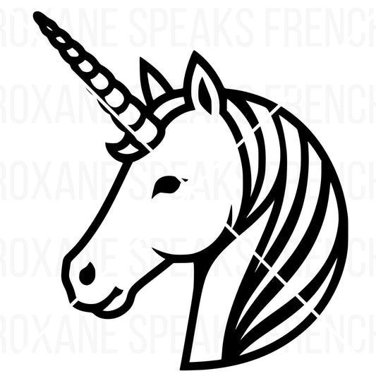 Black and white stylized SVG and clipart of a unicorn head, featuring a prominent, spiraled horn and a flowing mane, set against a transparent background. The design is marked with the watermark 'ROXANE SPEAKS FRENCH' to indicate ownership and branding