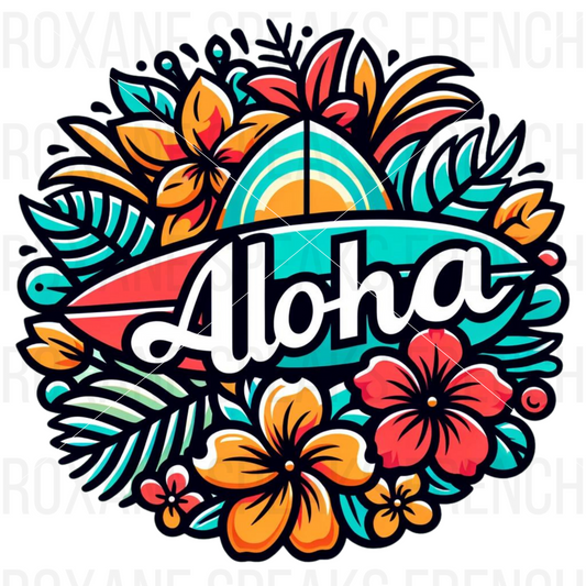 Vibrant Hawaiian Aloha design with tropical flowers, leaves, and a surfboard, perfect for summer-themed crafts and decor.