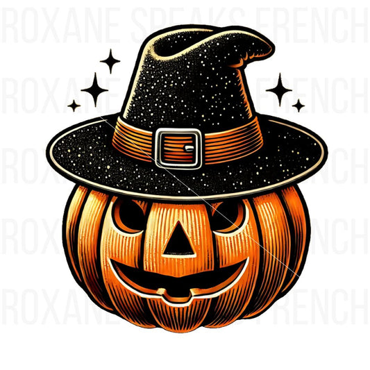 Vintage-style Halloween pumpkin with a carved face, wearing a witch hat adorned with stars, capturing a spooky and whimsical vibe.